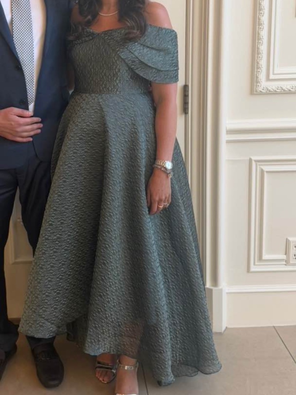 Theia off shoulder gown